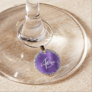 Purple Brushed Metal Silver Glitter Monogram  Wine Charm