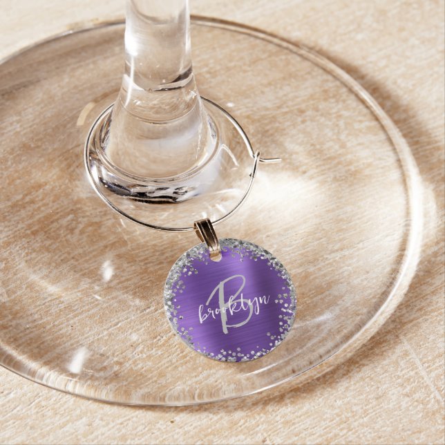 Purple Brushed Metal Silver Glitter Monogram  Wine Charm (In Situ)