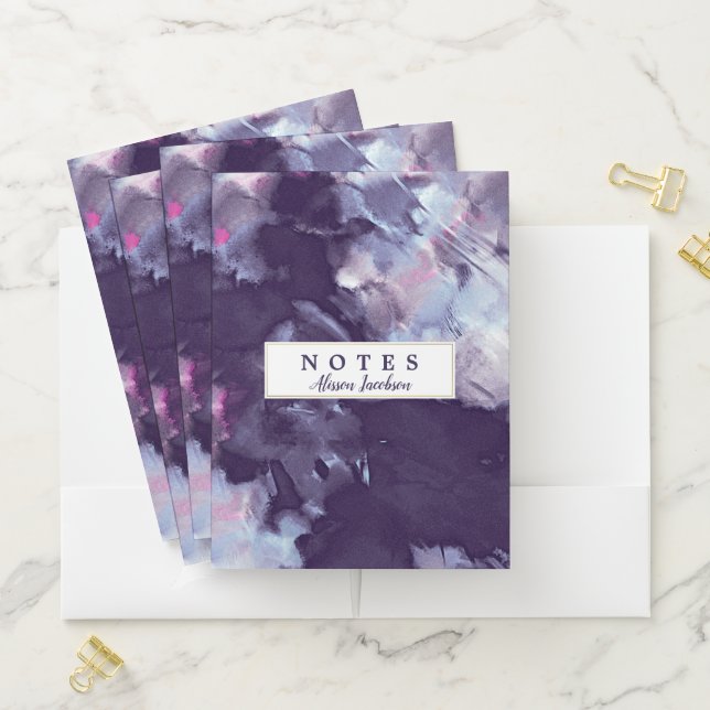 Purple Brushed Painted Abstract Notes Monogram Pocket Folder (In Situ)