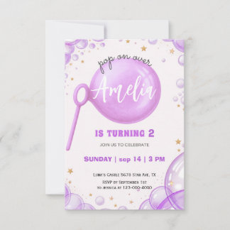 Purple Bubble Pop On Over Birthday Invitation for