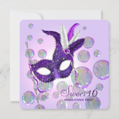 Purple Bubbles Purple Sweet Sixteen Masquerade Invitations