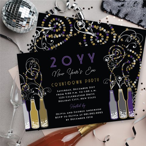 Purple Bubbly Bottles Swirls New Years Eve Party Invitation