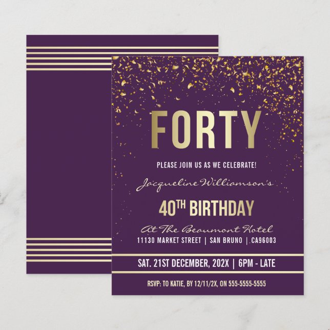 Purple | Budget Gold Confetti 40th Birthday Party (Front/Back)