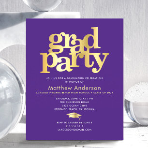 Purple budget gold grad cap modern party invite