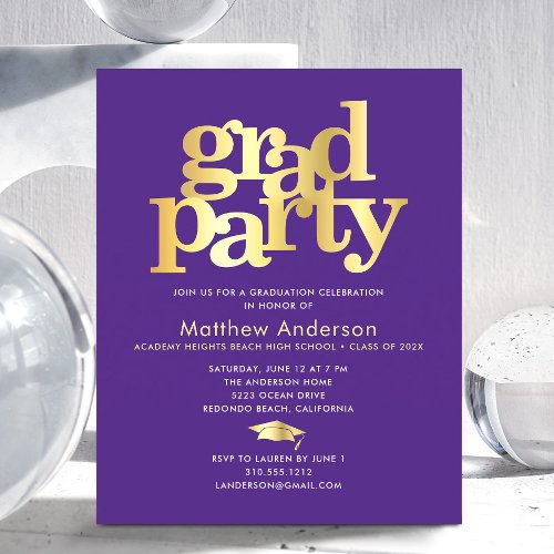 Purple budget gold grad cap modern party invite