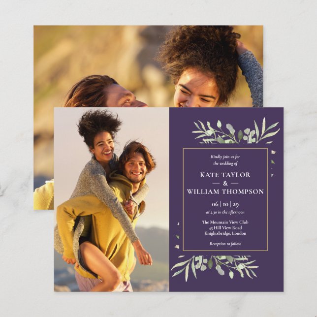Purple Budget Greenery Photo Wedding Invitation (Front/Back)