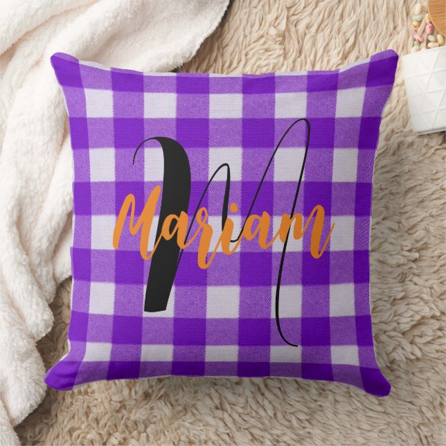 Purple Buffalo Gingham Checkered Plaid Tartan Throw Pillow (Blanket)