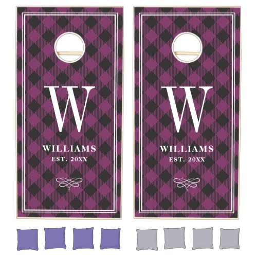 Purple Buffalo Plaid Family Name Monogram Cornhole Set