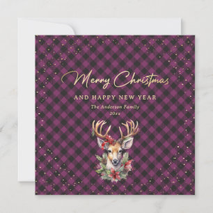 Purple Buffalo Plaid Gold Reindeer Snow Christmas Holiday Card