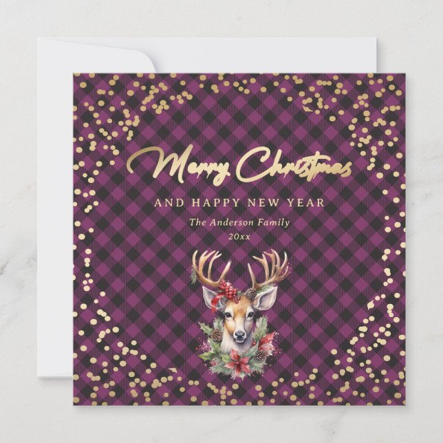 Purple Buffalo Plaid Gold Reindeer Snow Christmas Holiday Card (Front)