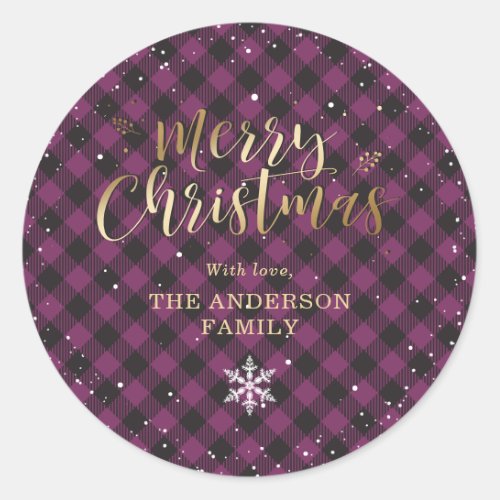 Purple Buffalo Plaid Gold Snow Christmas Classic Round Sticker