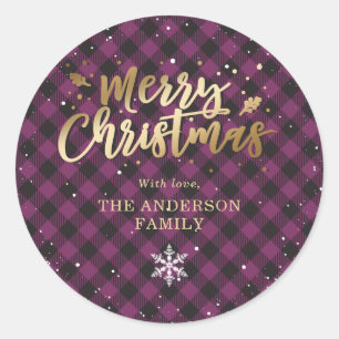 Purple Buffalo Plaid Gold Snow Christmas Classic Round Sticker