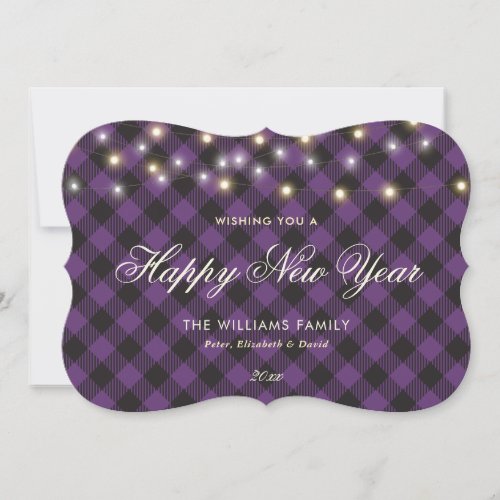 Purple Buffalo Plaid Lights Happy New Year Cards