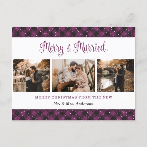 Purple Buffalo Plaid Married and Merry Newlyweds Holiday Postcard