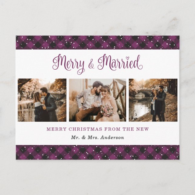 Purple Buffalo Plaid Married and Merry Newlyweds Holiday Postcard (Front)