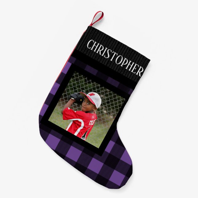 Purple Buffalo Plaid Personalized Name Photo Small Christmas Stocking (Front (Hanging))