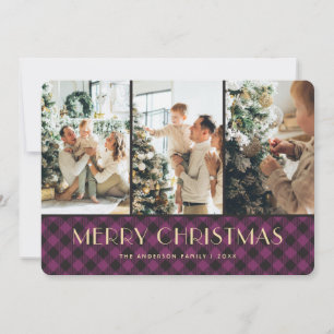Purple Buffalo Plaid Photo Collage Christmas Cards