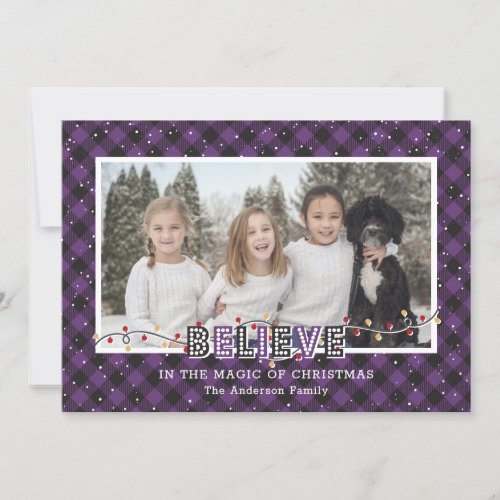 Purple Buffalo Plaid Snow Believe Photo Holiday Card
