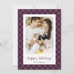 Purple Buffalo Plaid Snow Photo Holiday Cards