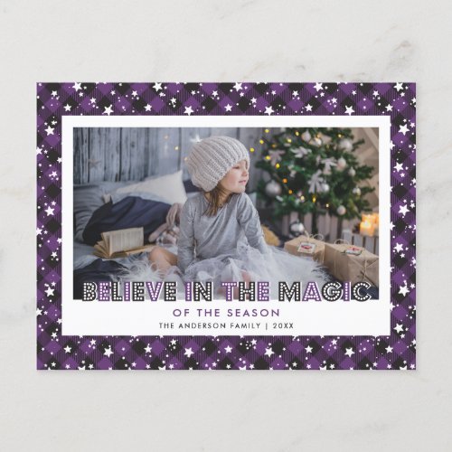 Purple Buffalo Plaid Snow Stars Believe Photo Holiday Postcard