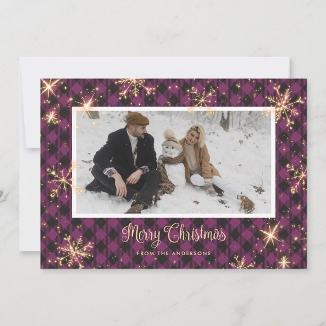 Purple Buffalo Plaid Sparkly Photo Christmas Cards (Front)