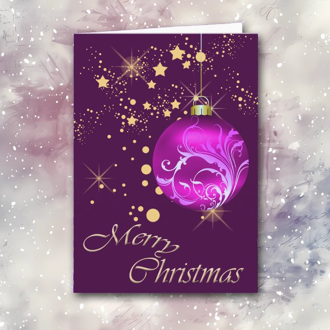 Purple Bulb Gold Stars Christmas Holiday Card (Creator Uploaded)
