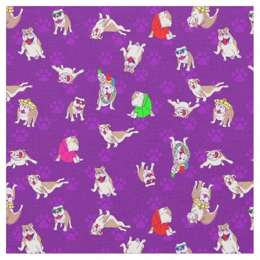 purple bulldog funny puppy dog whimsical paw print fabric