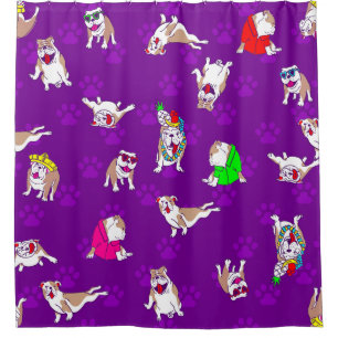 purple bulldog funny puppy dog whimsical paw print shower curtain