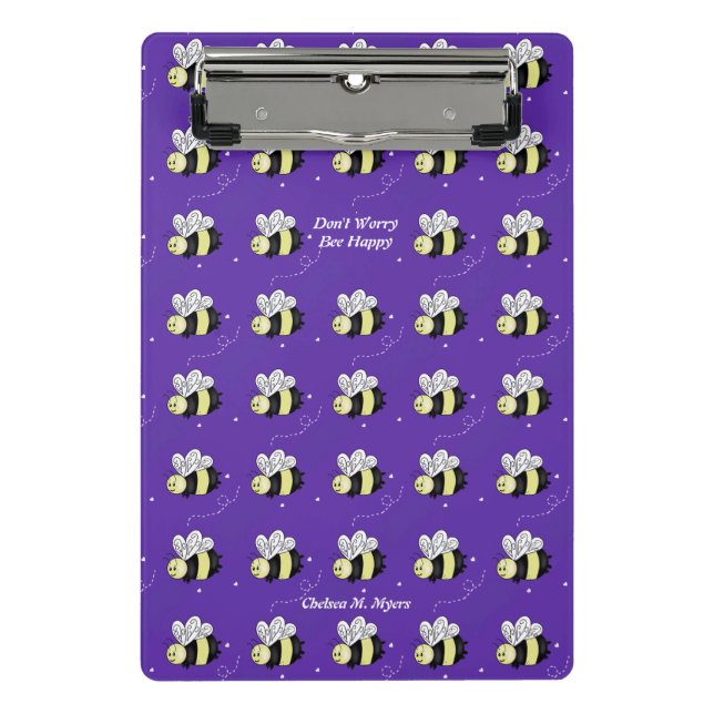 Purple Bumblebee "Bee Happy" Mini Clipboard (Front)