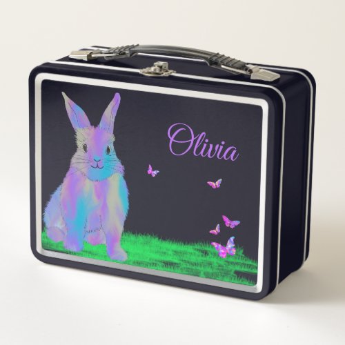 Purple Bunny and Butterfly Name School Metal Lunch Box