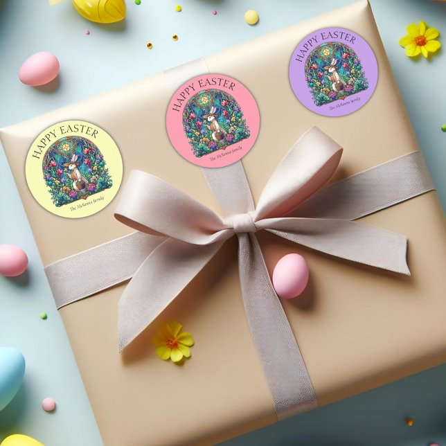 Purple Bunny Gardener Stained Glass Easter  Classic Round Sticker (Creator Uploaded)