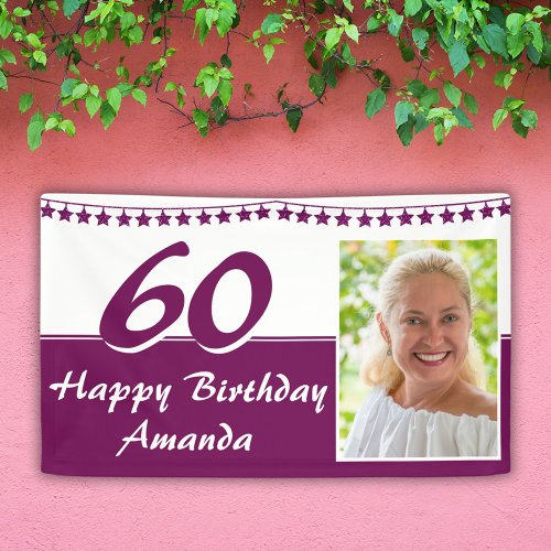 Purple Bunting Star Photo 60th Birthday Party Banner