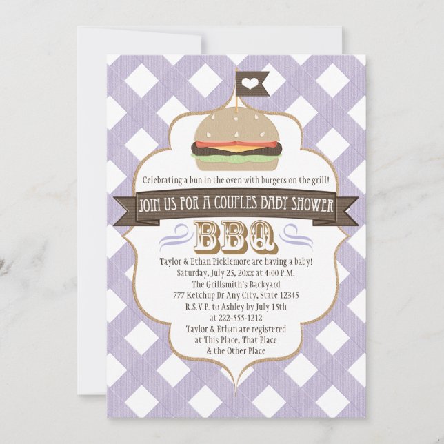 Purple Burger Couples BBQ Baby Shower Invitations (Front)