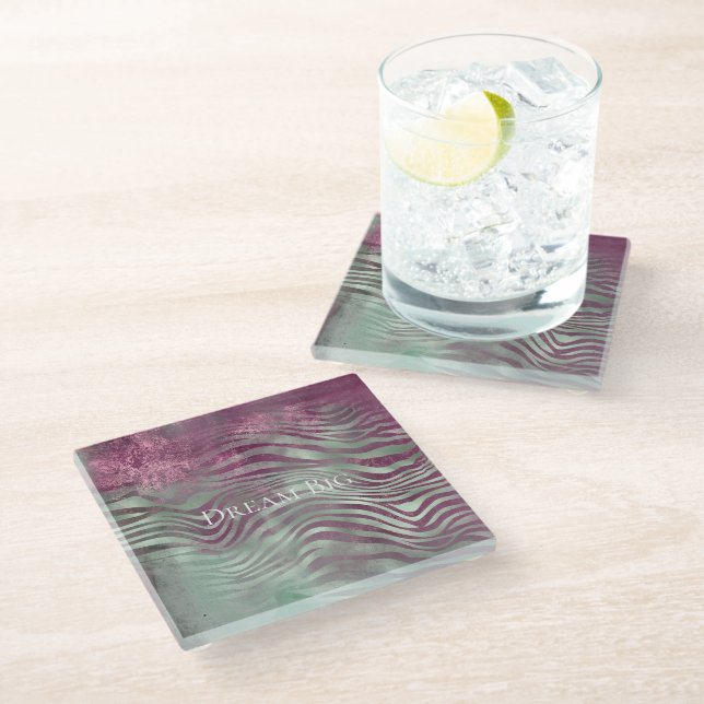 Purple Burgundy Aqua Mint Zebra Glass Coaster (Angled)