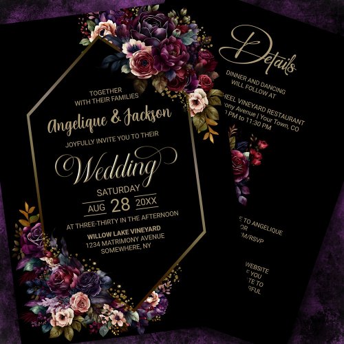 Purple Burgundy Black Floral All In One Wedding Invitation