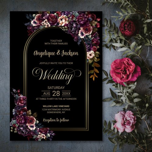 Purple Burgundy Black Floral Arch Wedding Invitation