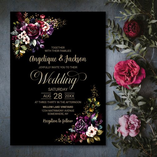 Purple Burgundy Black Floral Wedding Invitation