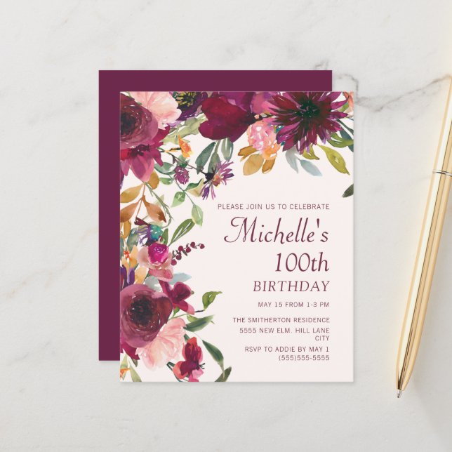 Purple Burgundy Floral 100th Birthday BUDGET (Front/Back In Situ)