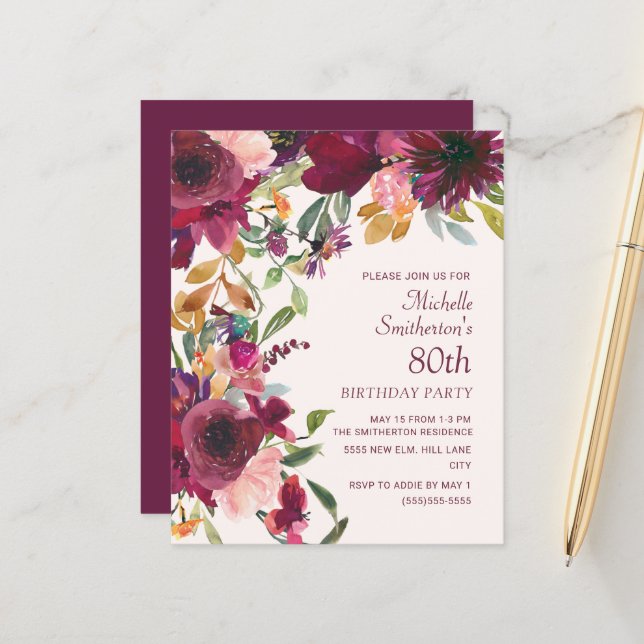Purple Burgundy Floral 80th Birthday BUDGET (Front/Back In Situ)