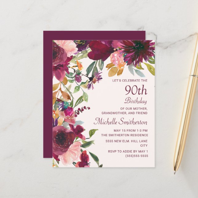 Purple Burgundy Floral 90th Birthday Grandmother (Front/Back In Situ)