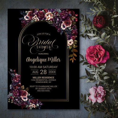Purple Burgundy Floral Arch Black Bridal Shower Invitation
