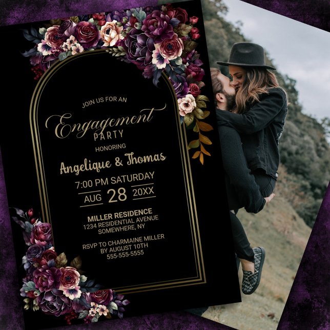 Purple Burgundy Floral Arch Black Engagement Party Invitation (Creator Uploaded)