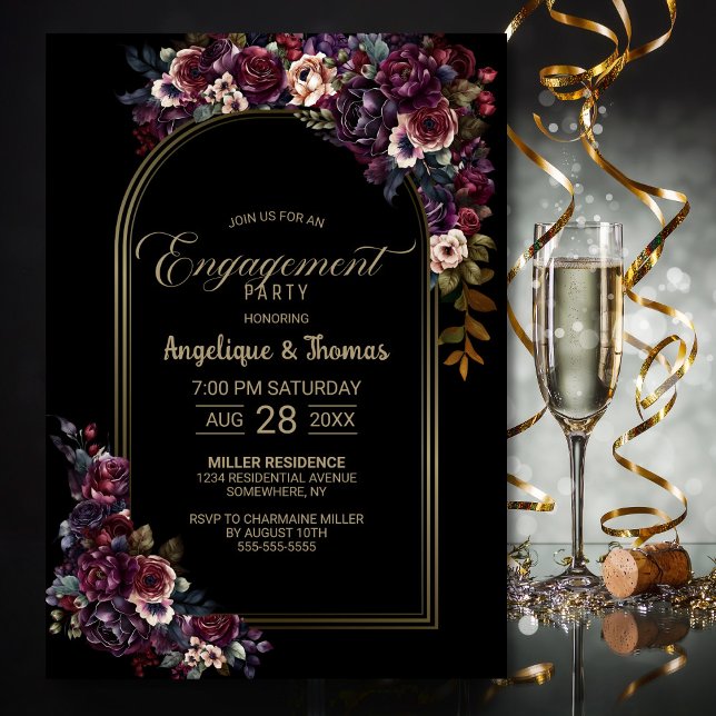 Purple Burgundy Floral Arch Black Engagement Party Invitation (Creator Uploaded)