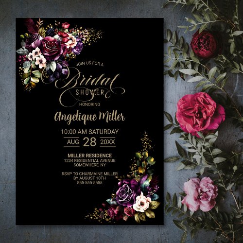 Purple Burgundy Floral Black Bridal Shower Invitation