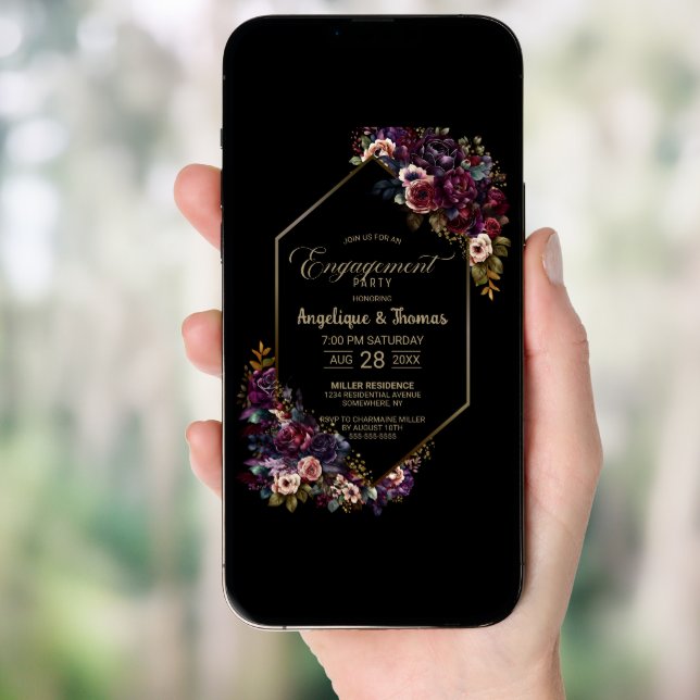 Purple Burgundy Floral Black Engagement Party Invitation (Front Digital)