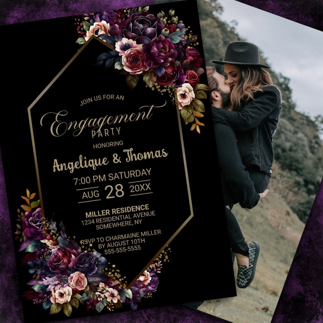 Purple Burgundy Floral Black Engagement Party Invitation (Creator Uploaded)