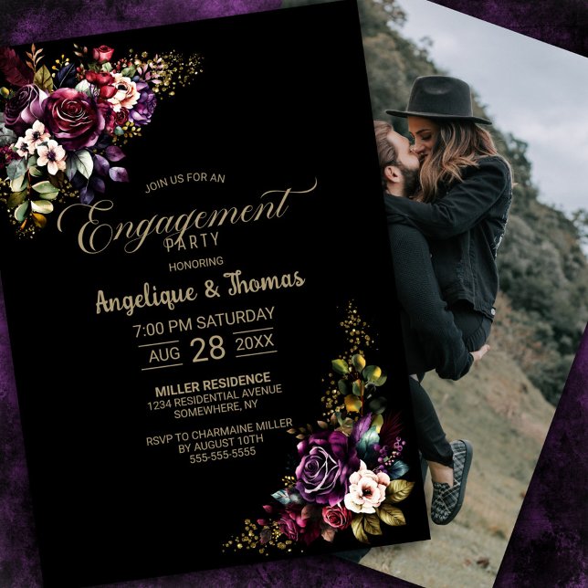 Purple Burgundy Floral Black Engagement Party Invitation (Creator Uploaded)