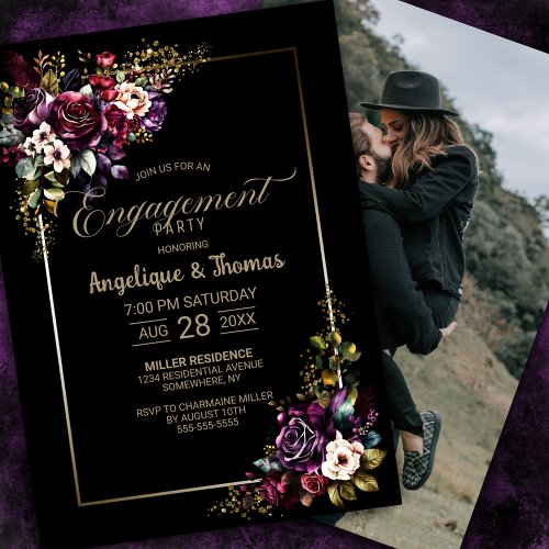 Purple Burgundy Floral Black Engagement Party Invitation