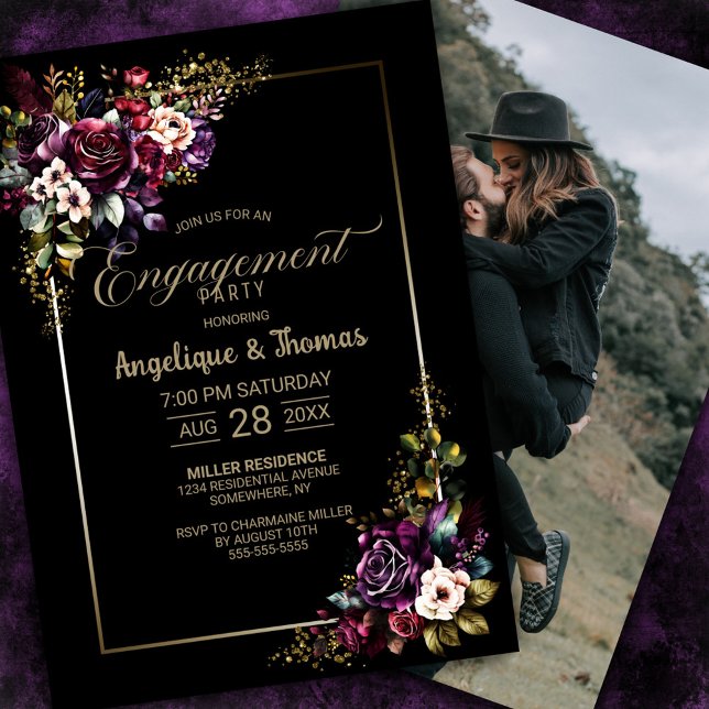 Purple Burgundy Floral Black Engagement Party Invitation (Creator Uploaded)