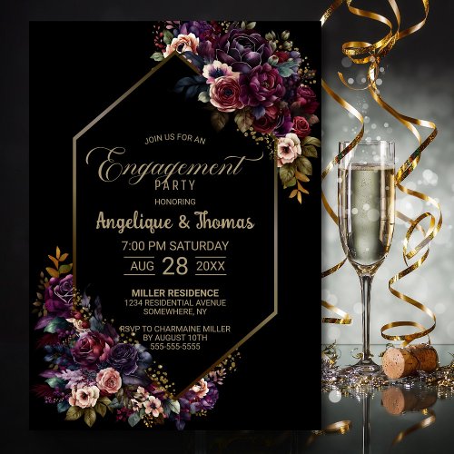 Purple Burgundy Floral Black Engagement Party Invitation